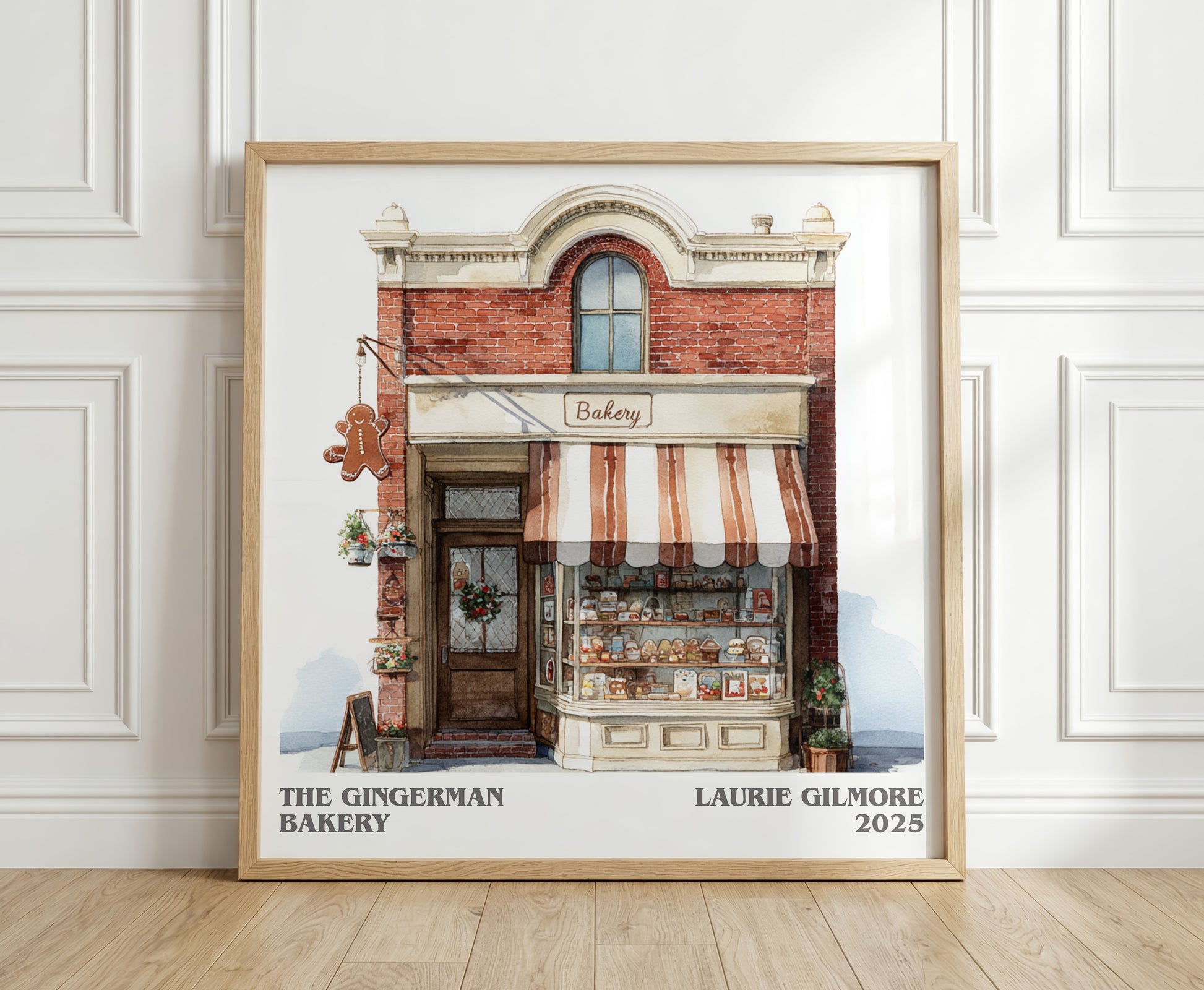The Gingerman Bakery literary print in frame leaning in hallway – romance wall art