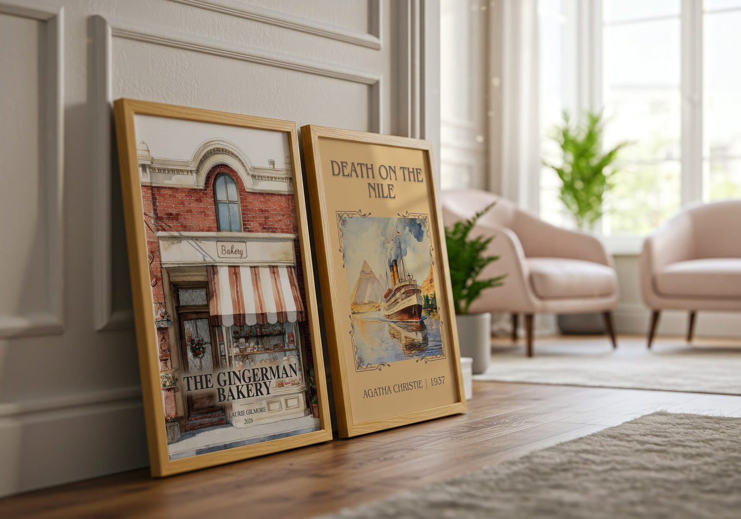 The Gingerman Bakery watercolour print framed by window – literary home decor