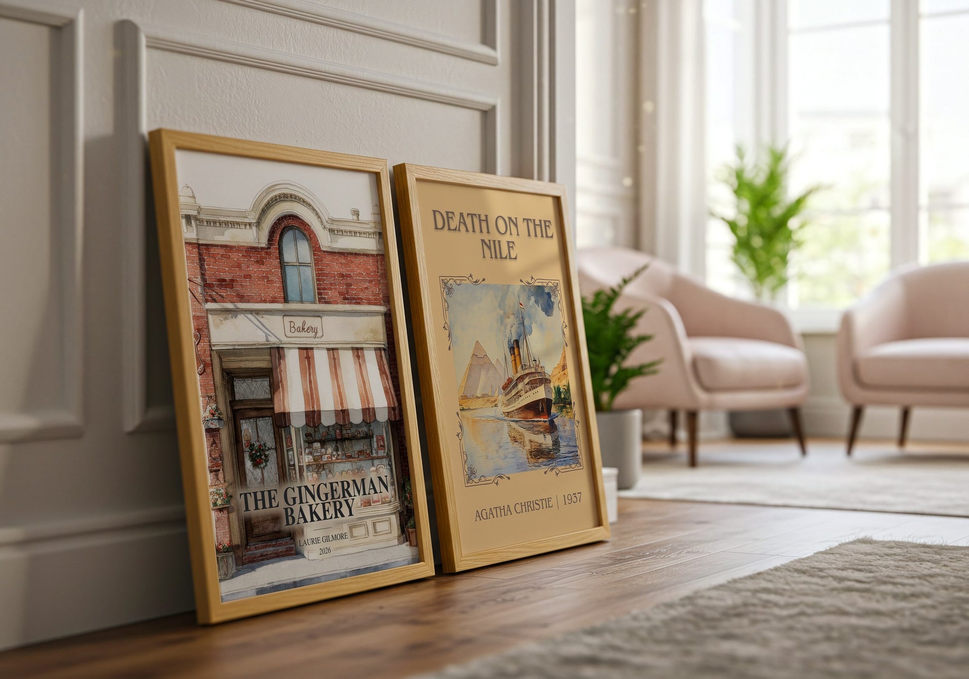 The Gingerman Bakery watercolour print framed by window – literary home decor