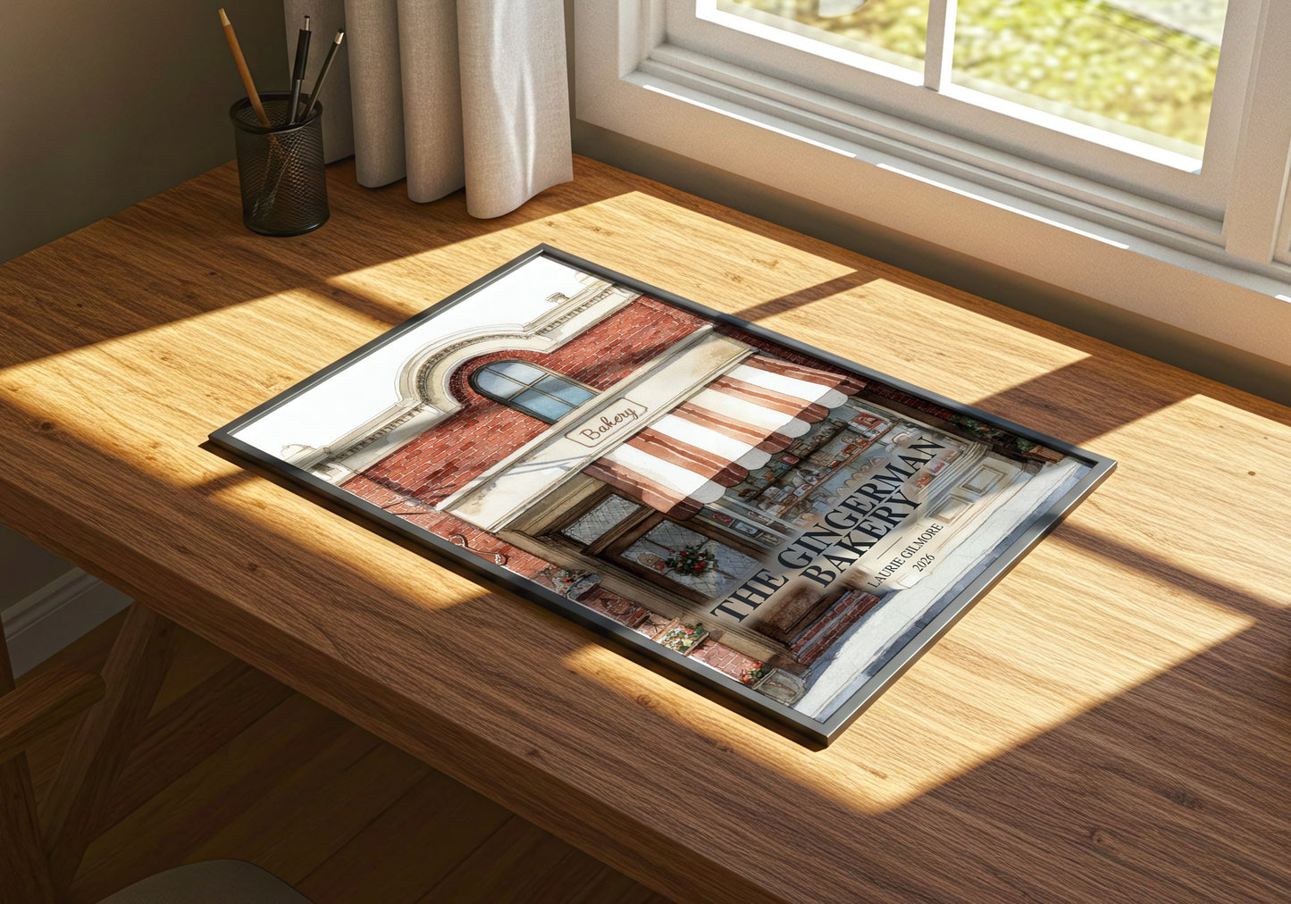 The Gingerman Bakery watercolour book poster framed on wall – romance wall art