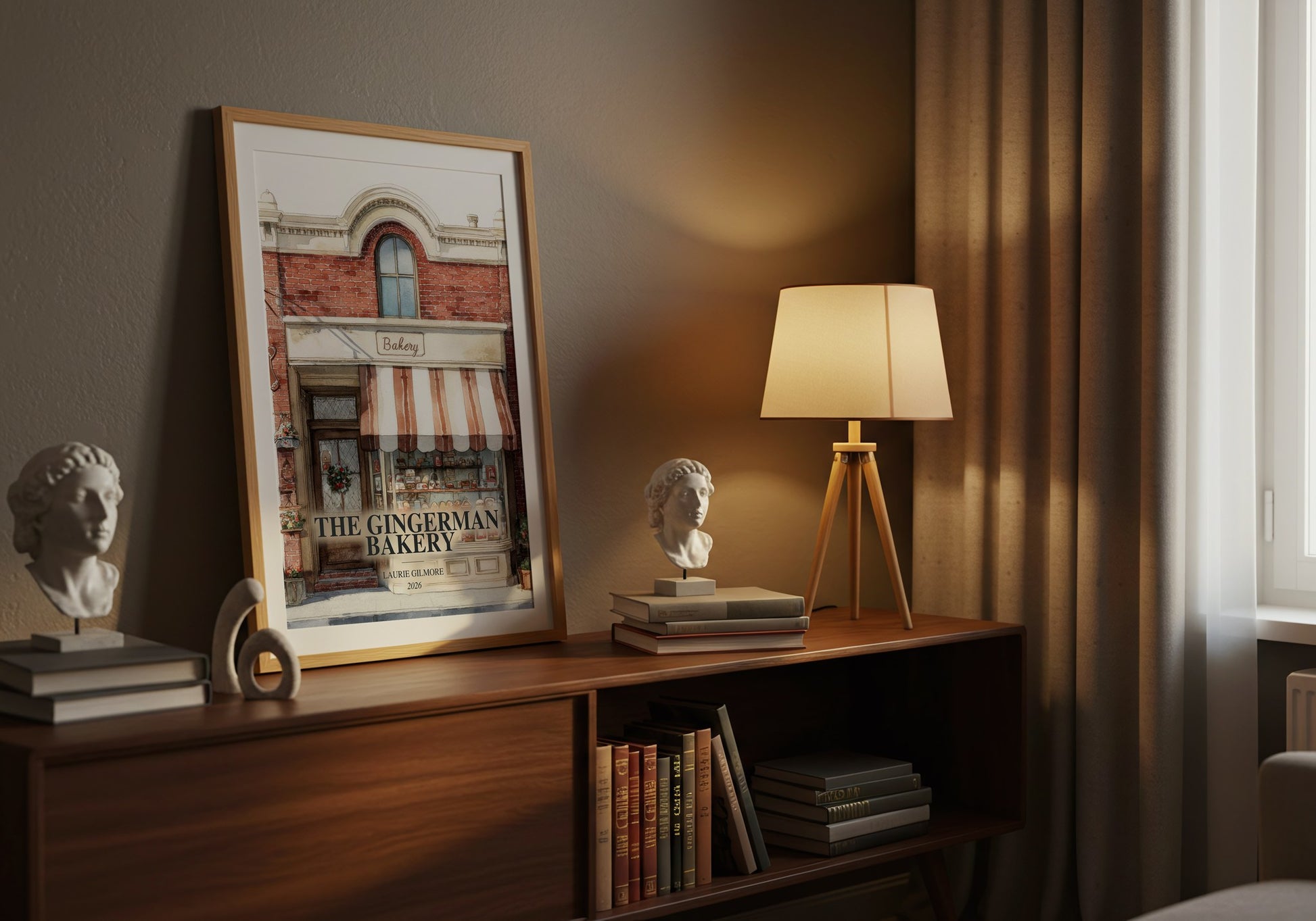 The Gingerman Bakery watercolour print on bookshelf – Laurie Gilmore fan gift