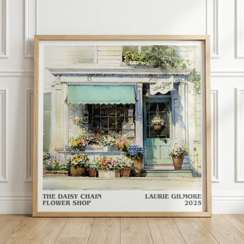 The Daisy Chain Flower Shop literary print in frame leaning in hallway – romance wall art