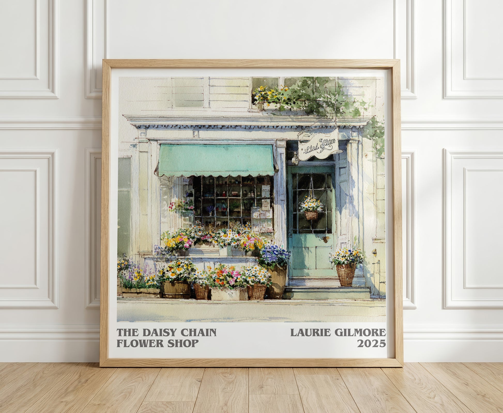 The Daisy Chain Flower Shop literary print in frame leaning in hallway – romance wall art