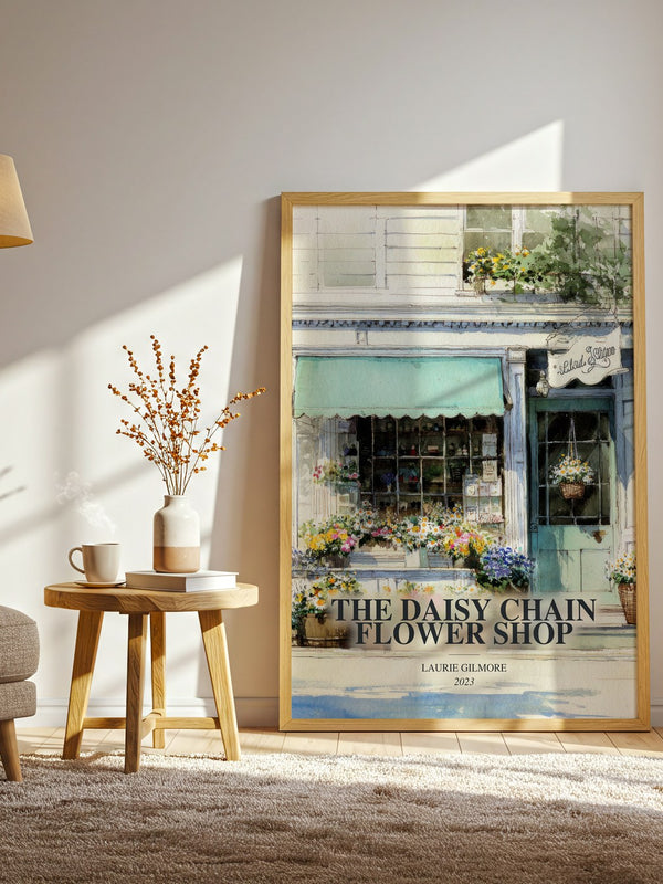 The Daisy Chain Flower Shop watercolour print in frame leaning in hallway – romance wall art