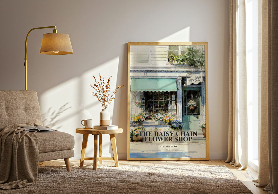 The Daisy Chain Flower Shop watercolour print in frame leaning in hallway – romance wall art (mockup)