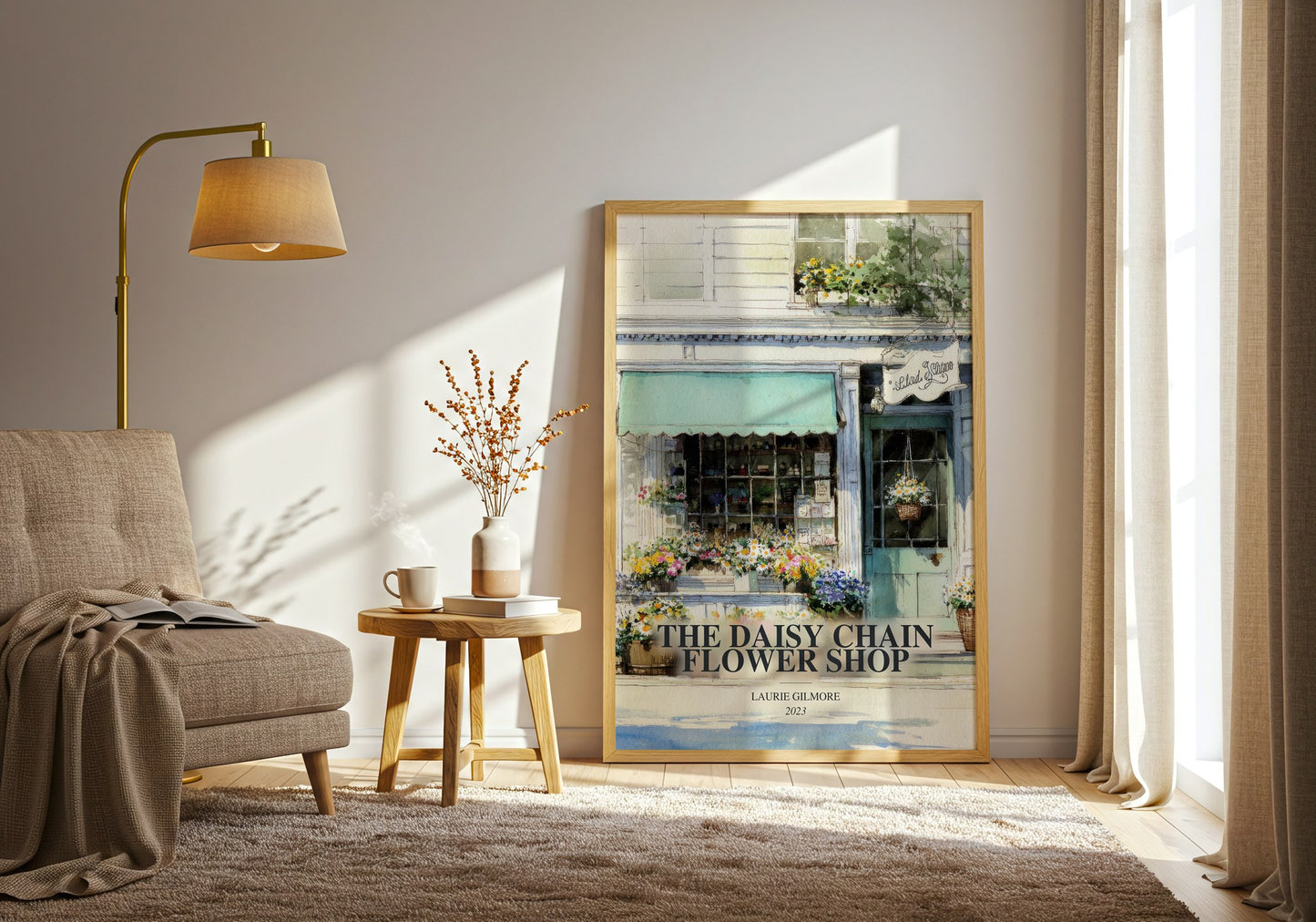The Daisy Chain Flower Shop watercolour print in frame leaning in hallway – romance wall art