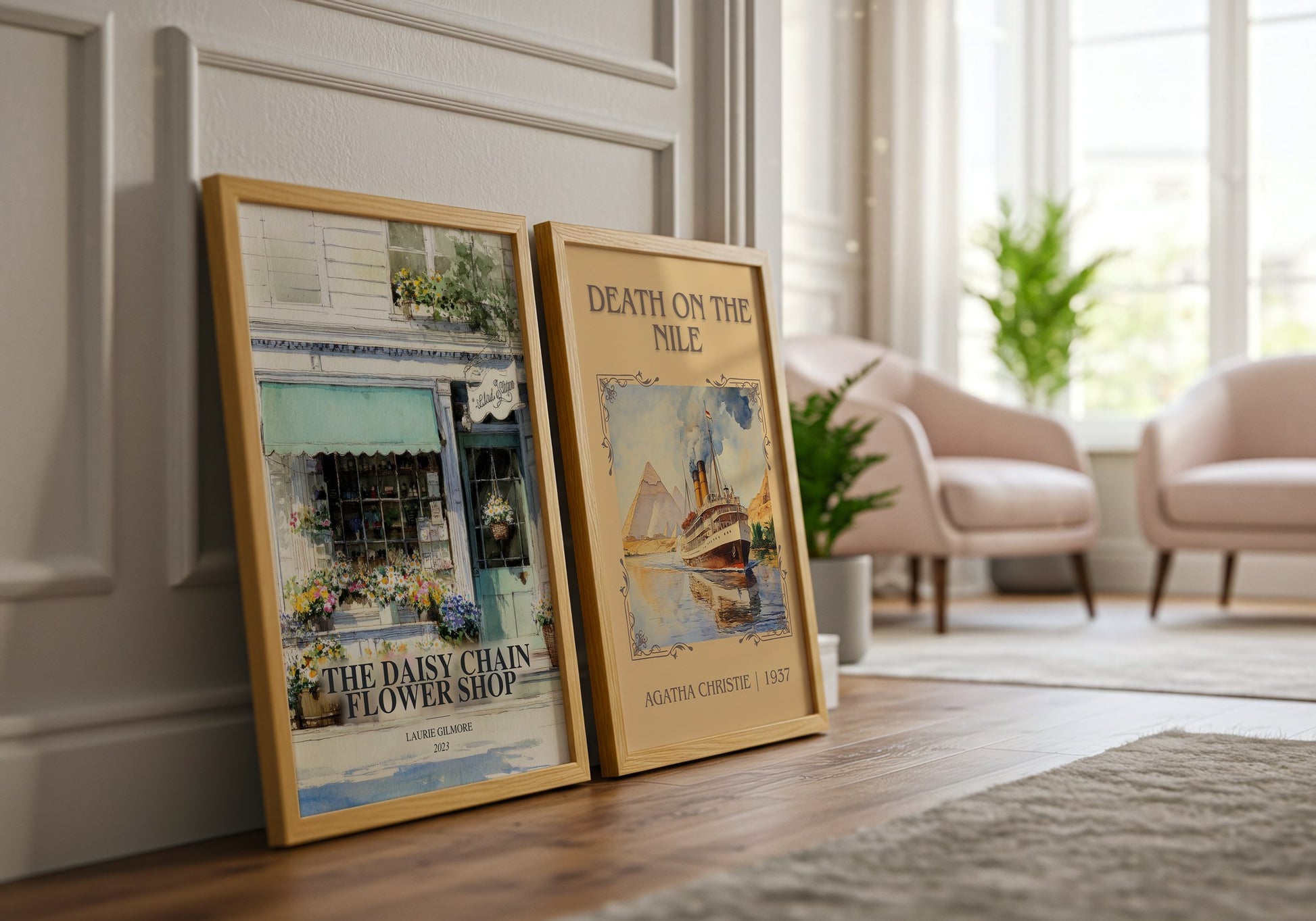 The Daisy Chain Flower Shop watercolour print framed by window – literary home decor