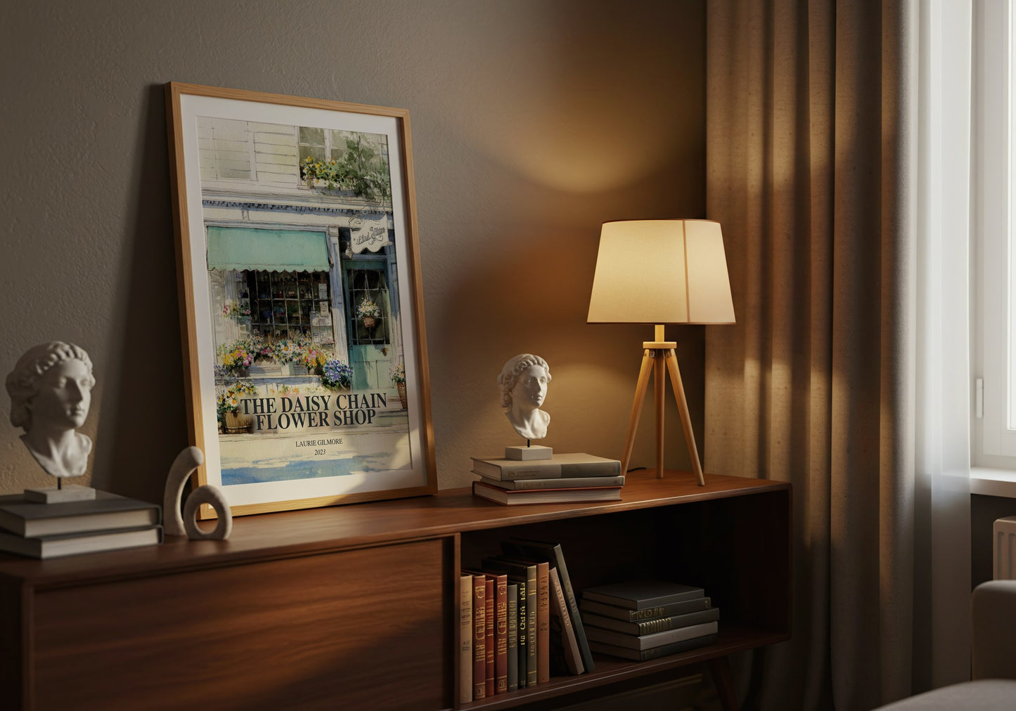 The Daisy Chain Flower Shop watercolour print on bookshelf – Laurie Gilmore fan gift
