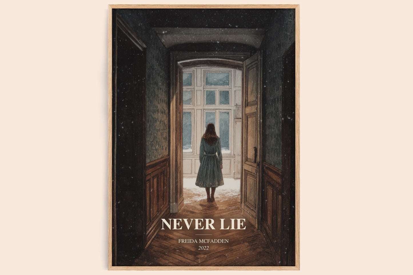 Never Lie watercolour book poster by Freida Mcfadden – framed literary art print