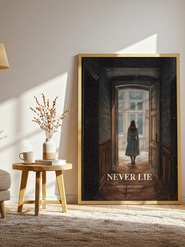 Never Lie watercolour print in frame leaning in hallway – thriller wall art