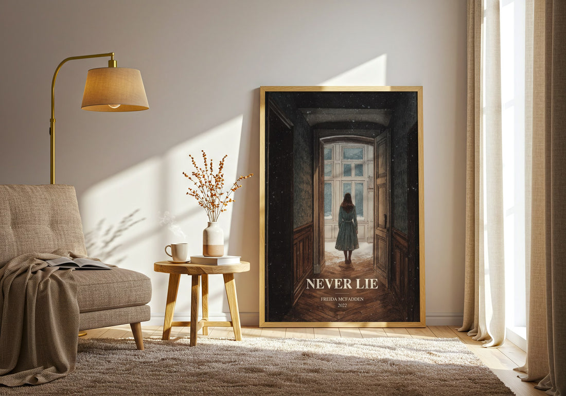 Never Lie watercolour print in frame leaning in hallway – thriller wall art (mockup)