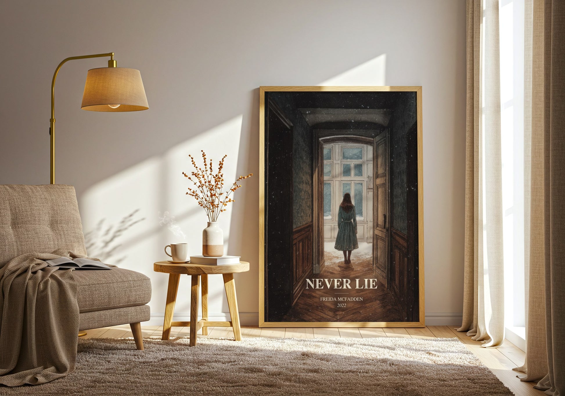 Never Lie watercolour print in frame leaning in hallway – thriller wall art