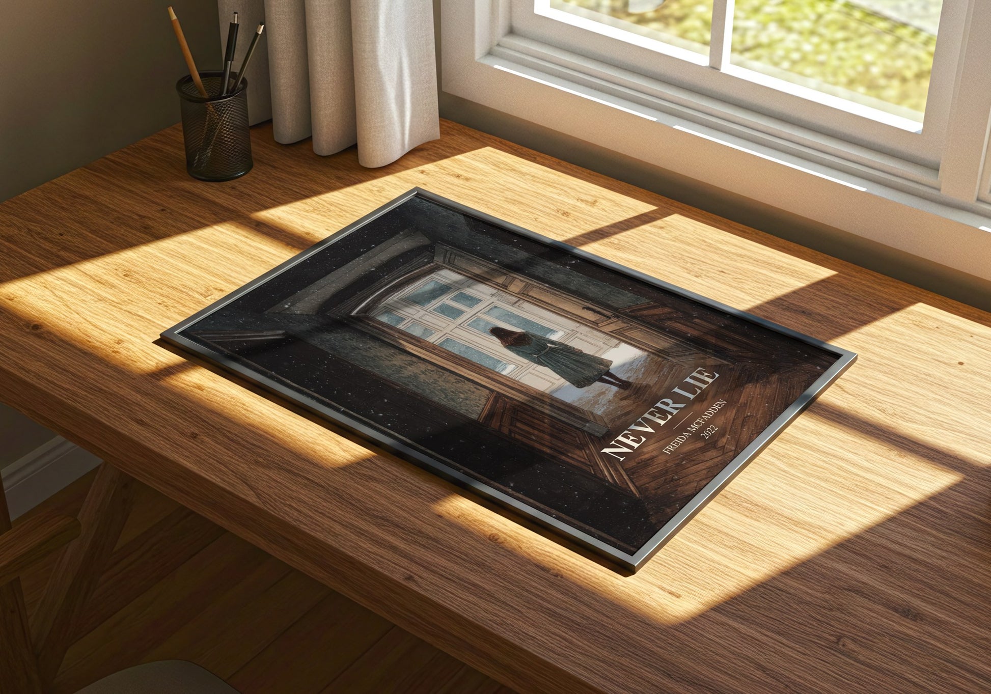 Never Lie watercolour book poster framed on wall – thriller wall art