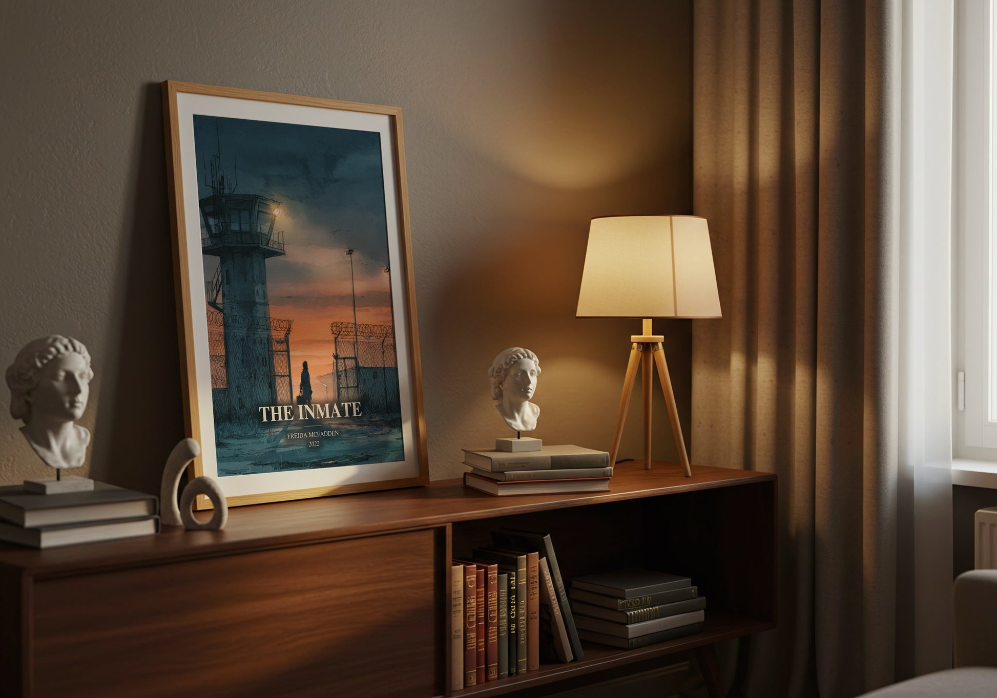 The Inmate watercolour print on bookshelf – Freida Mcfadden fan gift