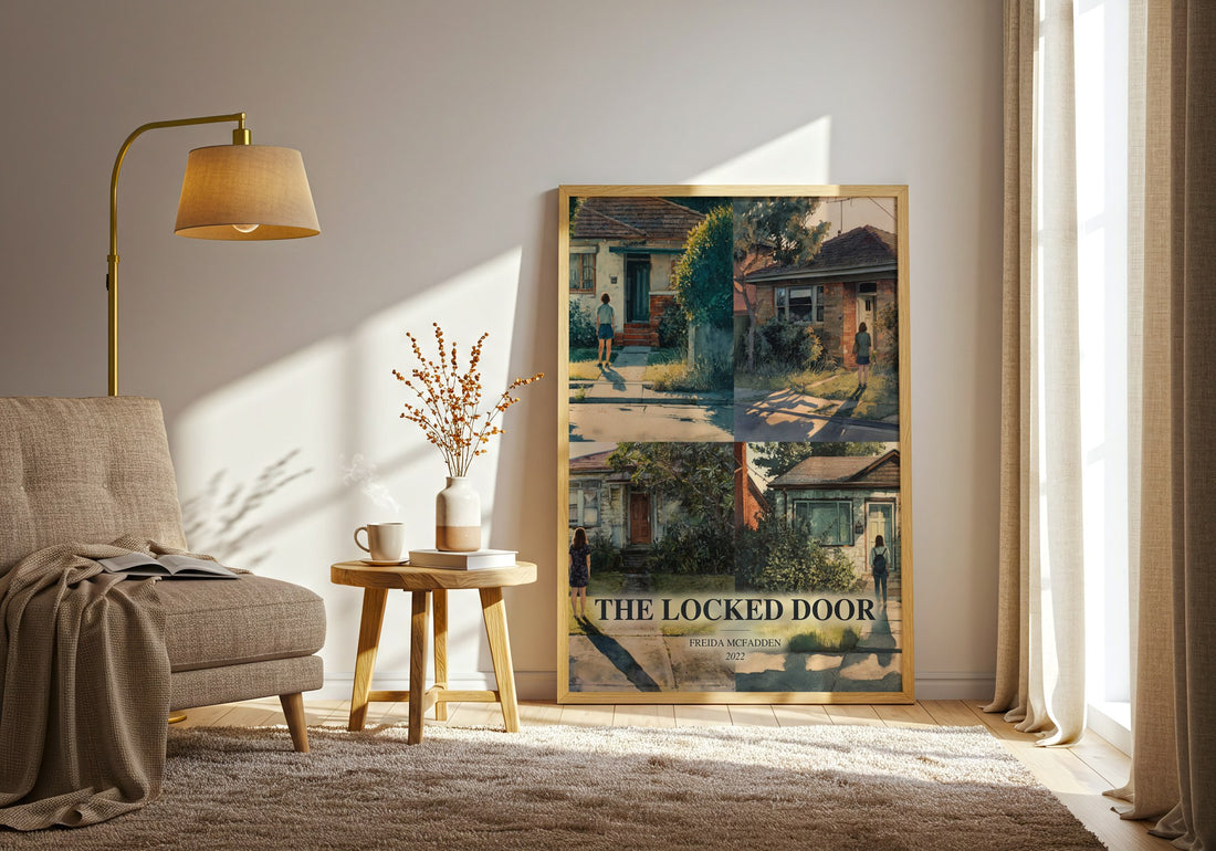 The Locked Door watercolour print in frame leaning in hallway – thriller wall art (mockup)