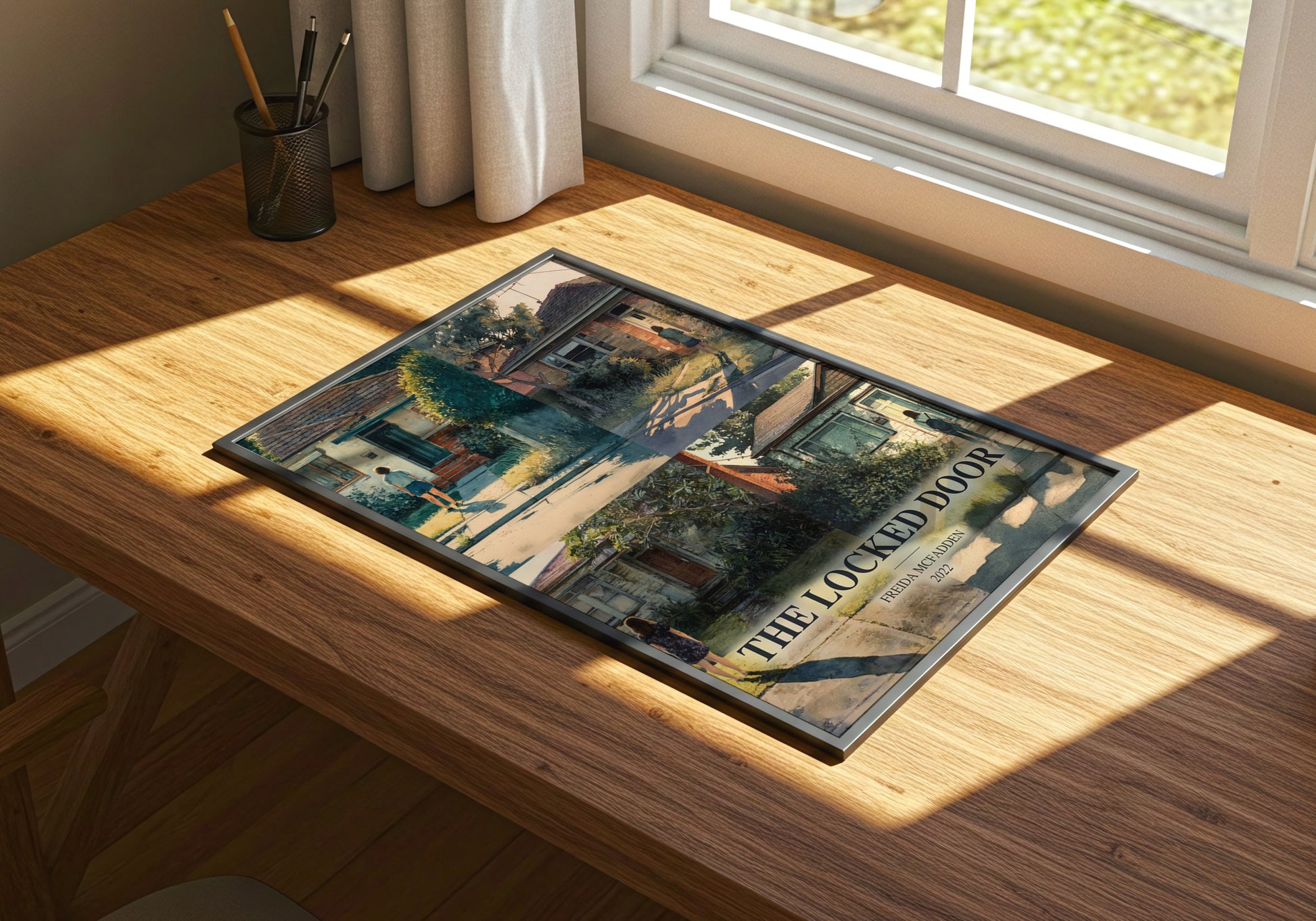The Locked Door watercolour book poster framed on wall – thriller wall art