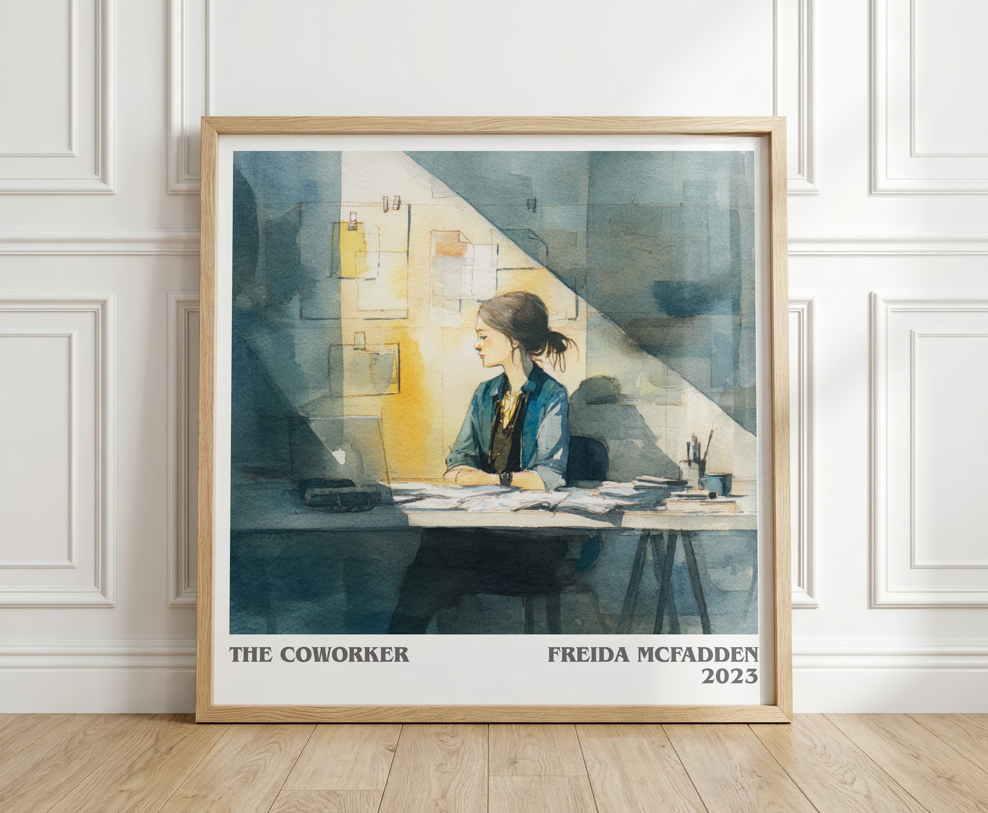 The Coworker literary print in frame leaning in hallway – thriller wall art