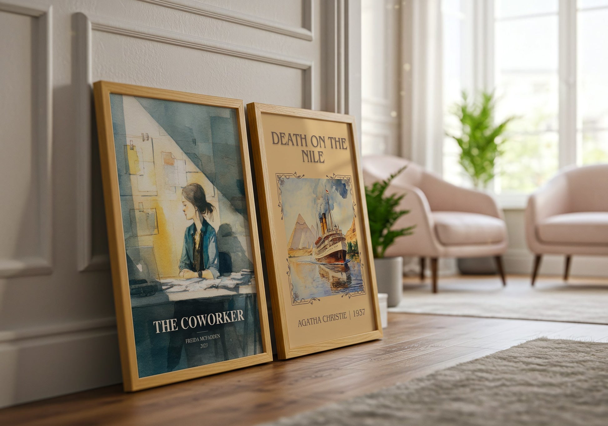 The Coworker watercolour print framed by window – literary home decor