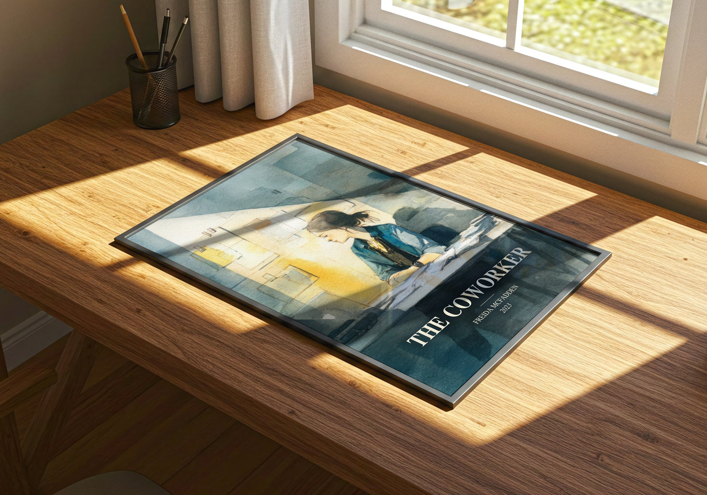The Coworker watercolour book poster framed on wall – thriller wall art