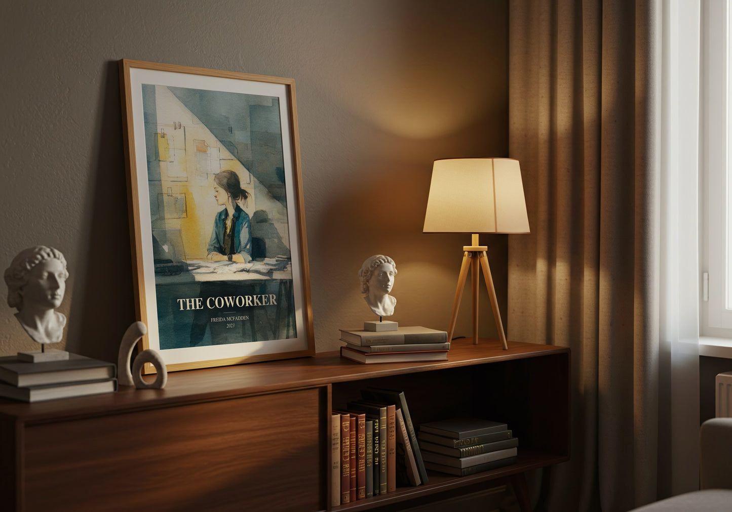 The Coworker watercolour print on bookshelf – Freida Mcfadden fan gift