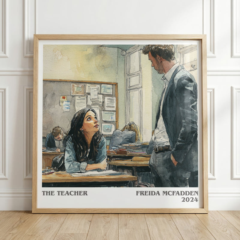 The Teacher literary print in frame leaning in hallway – thriller wall art