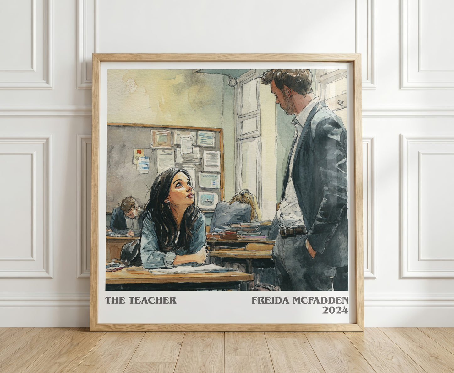 The Teacher literary print in frame leaning in hallway – thriller wall art