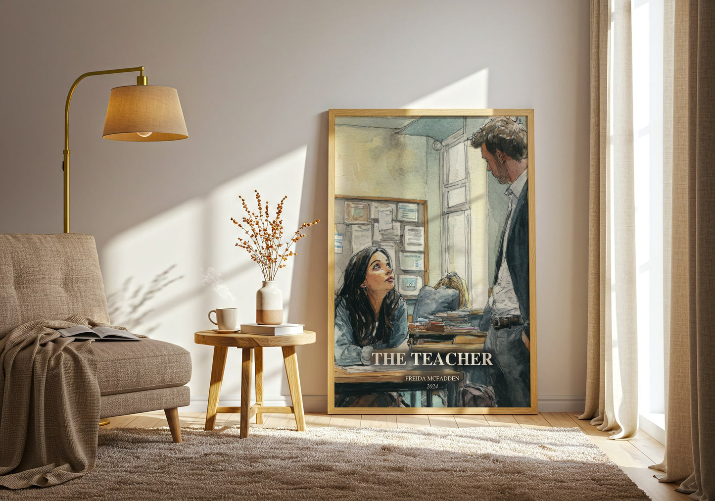 The Teacher watercolour print in frame leaning in hallway – thriller wall art