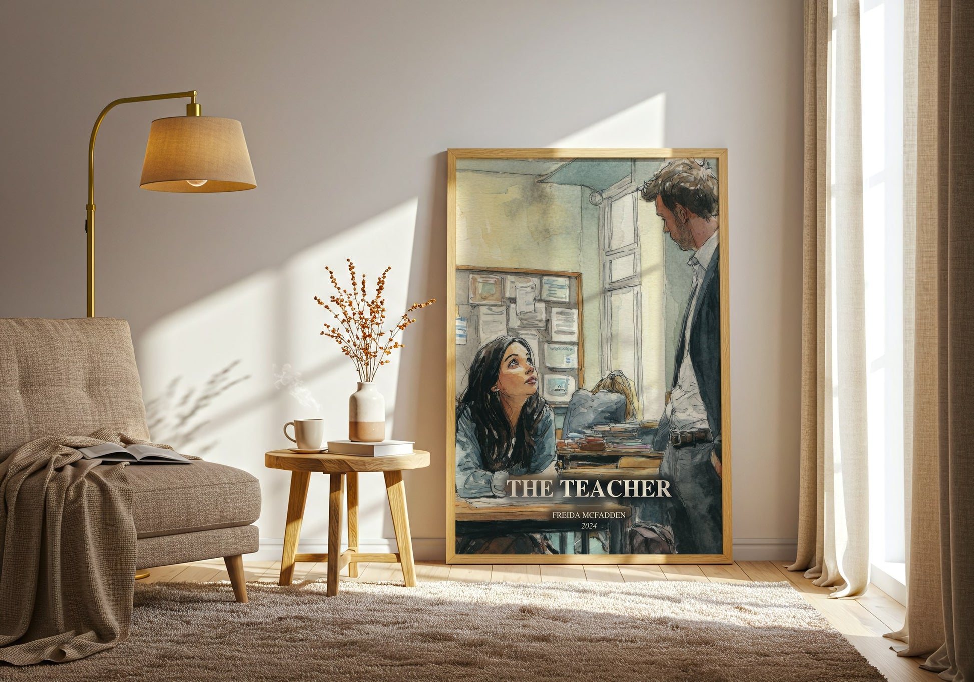 The Teacher watercolour print in frame leaning in hallway – thriller wall art