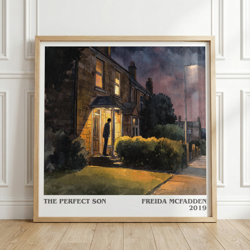 The Perfect Son literary print in frame leaning in hallway – thriller wall art
