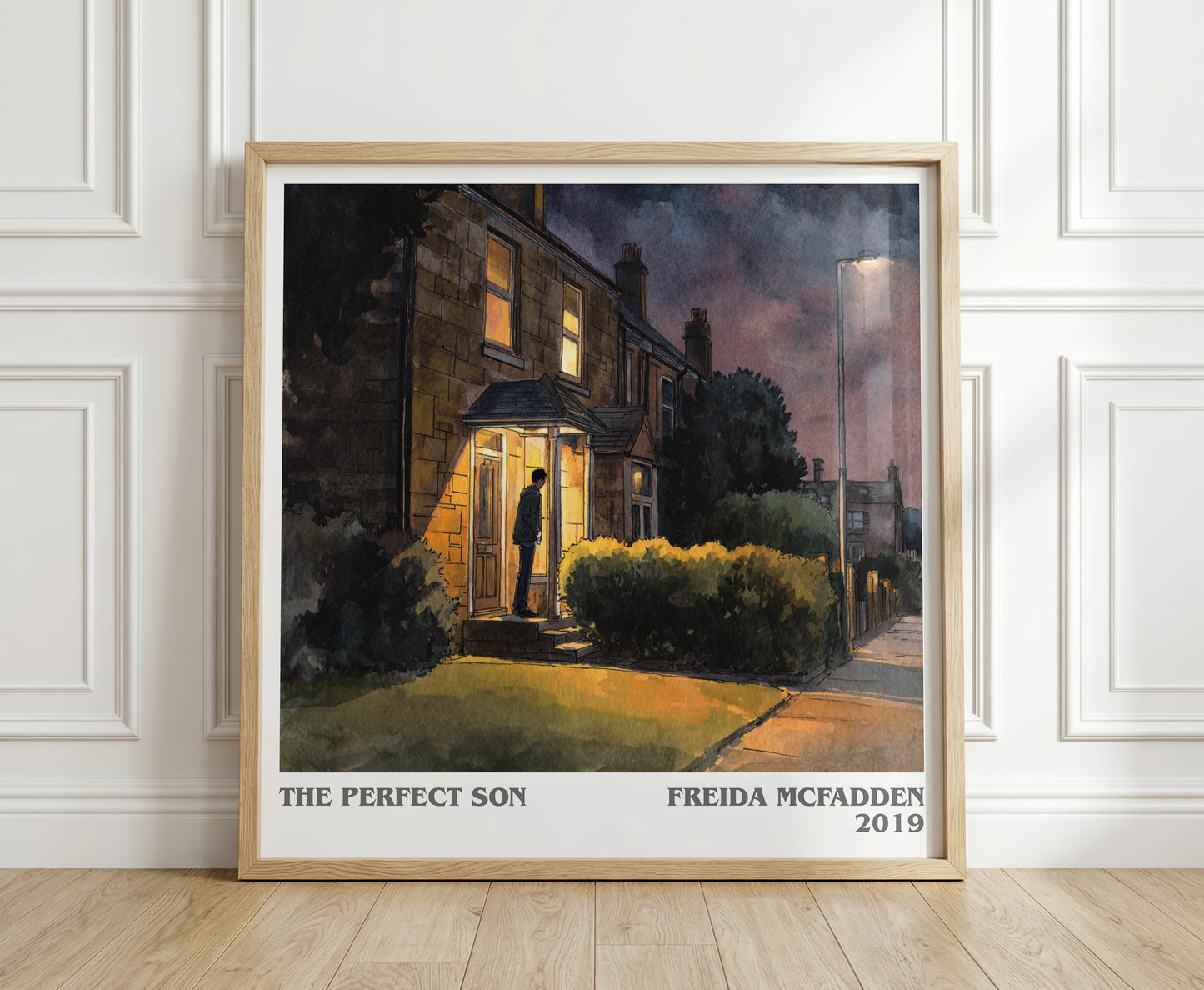 The Perfect Son literary print in frame leaning in hallway – thriller wall art