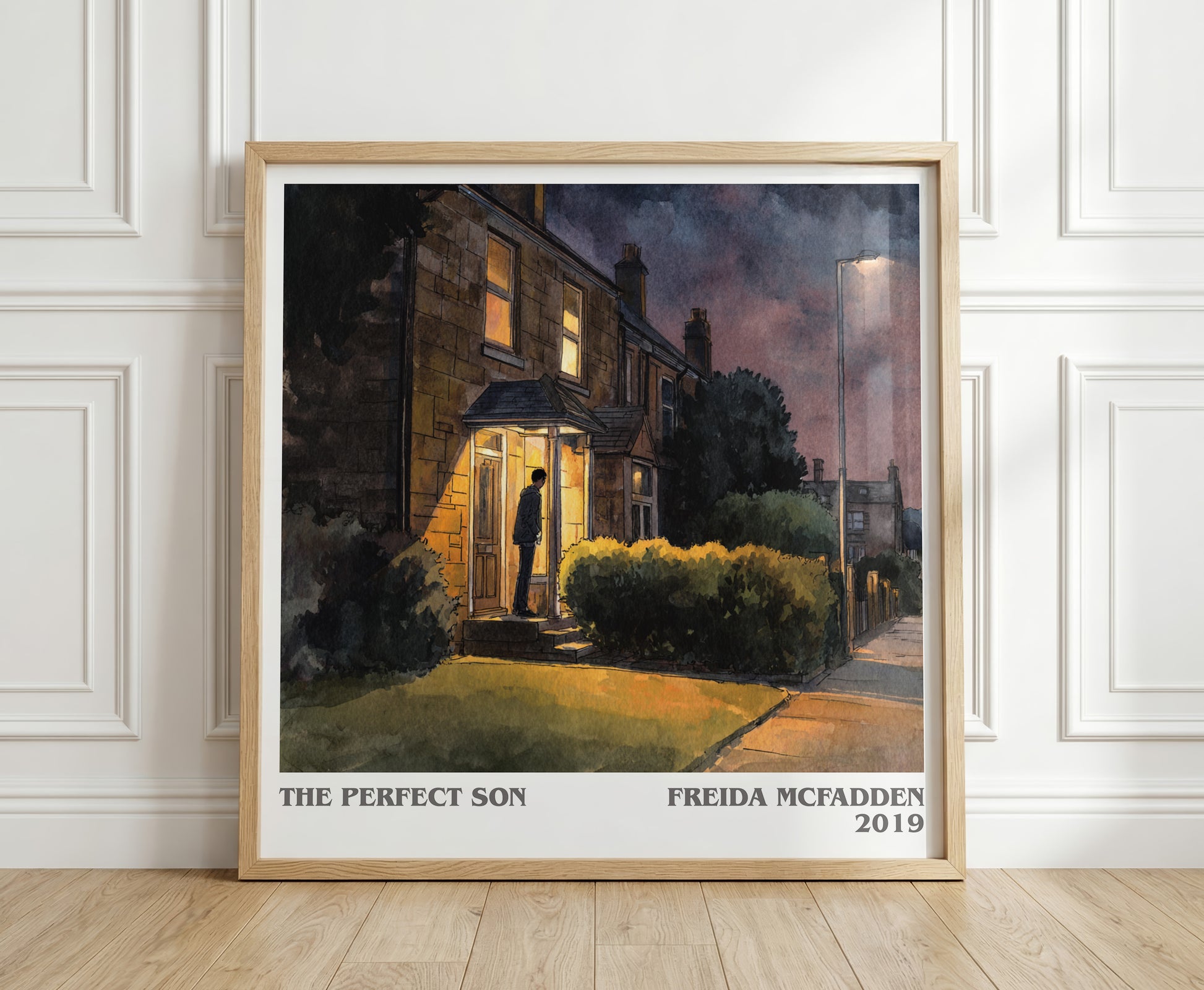 The Perfect Son literary print in frame leaning in hallway – thriller wall art
