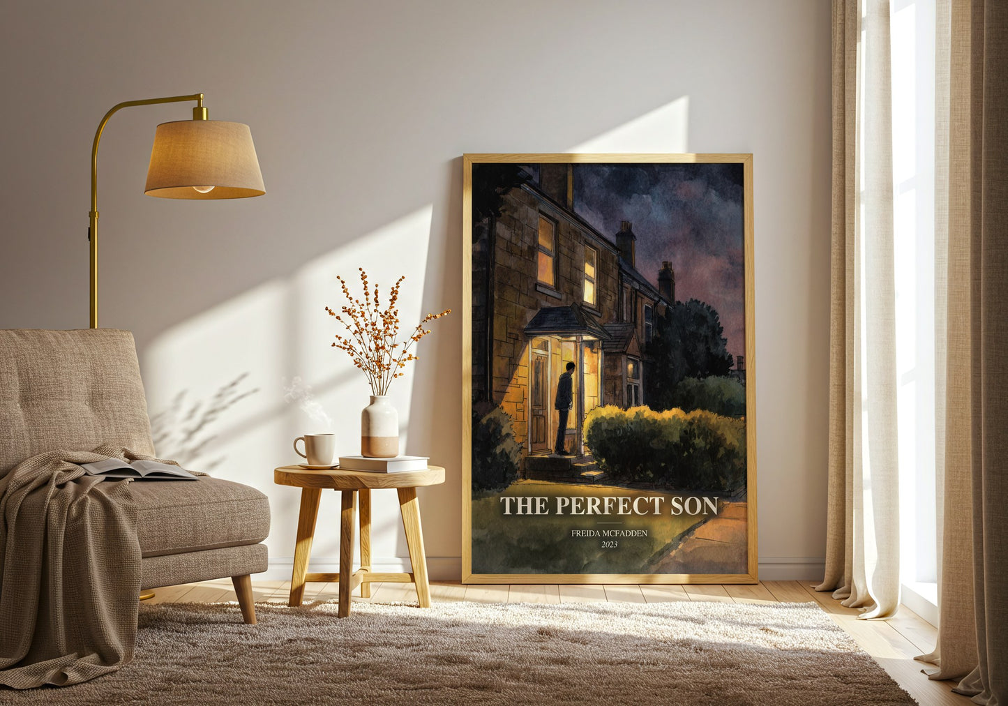The Perfect Son watercolour print in frame leaning in hallway – thriller wall art