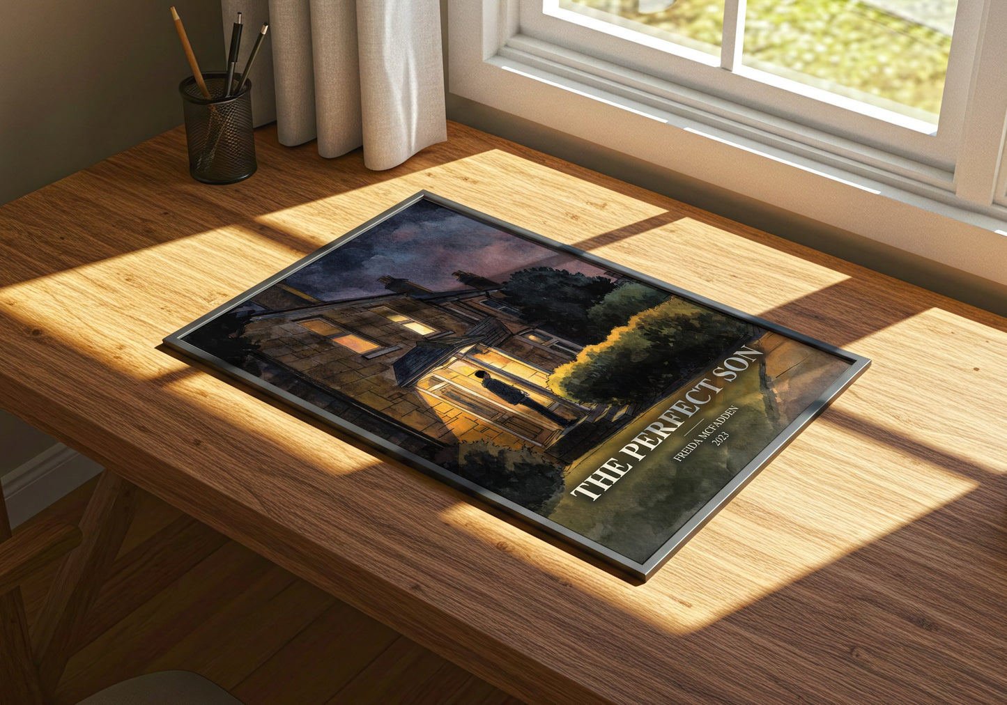The Perfect Son watercolour book poster framed on wall – thriller wall art