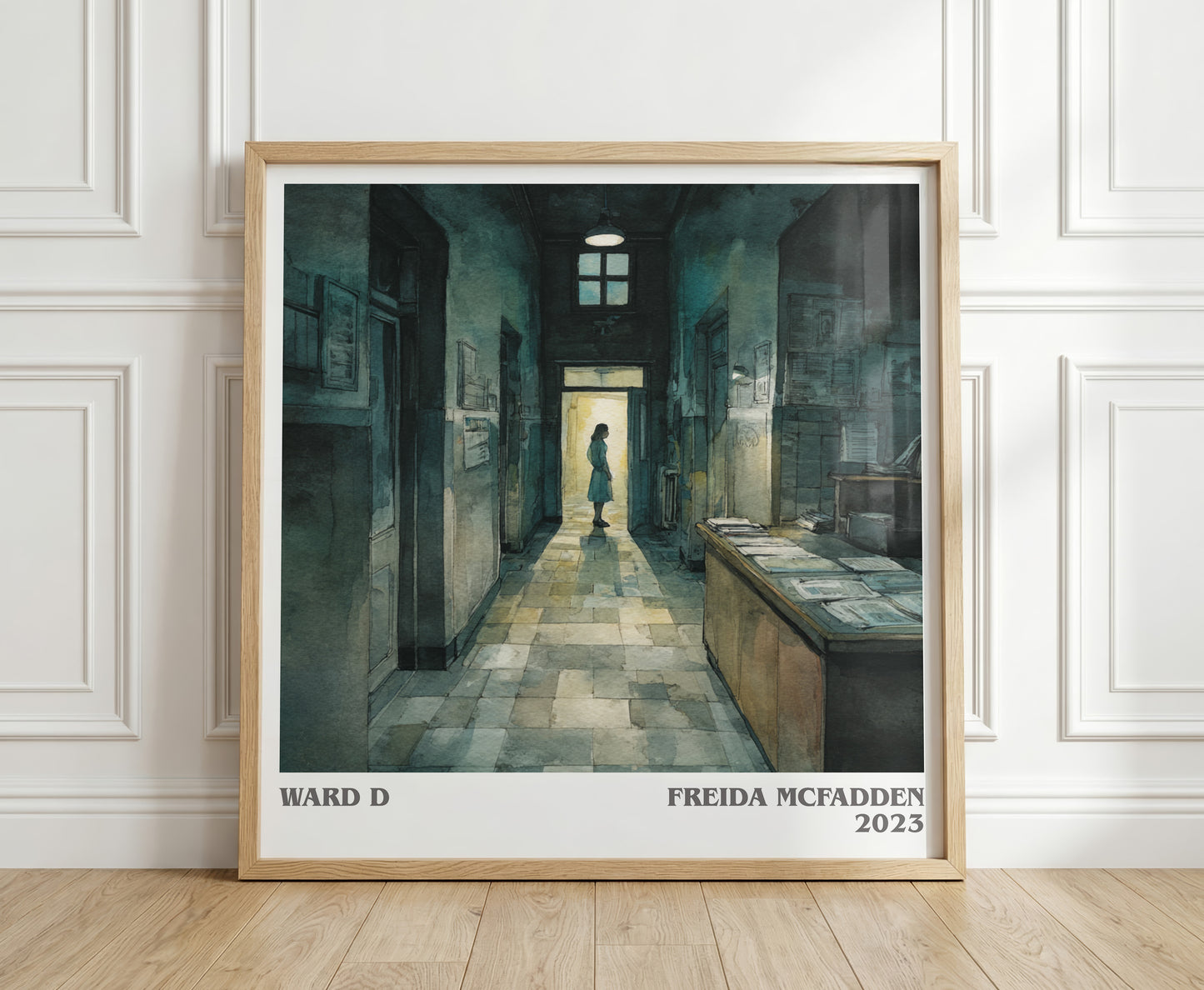 Ward D literary print in frame leaning in hallway – thriller wall art