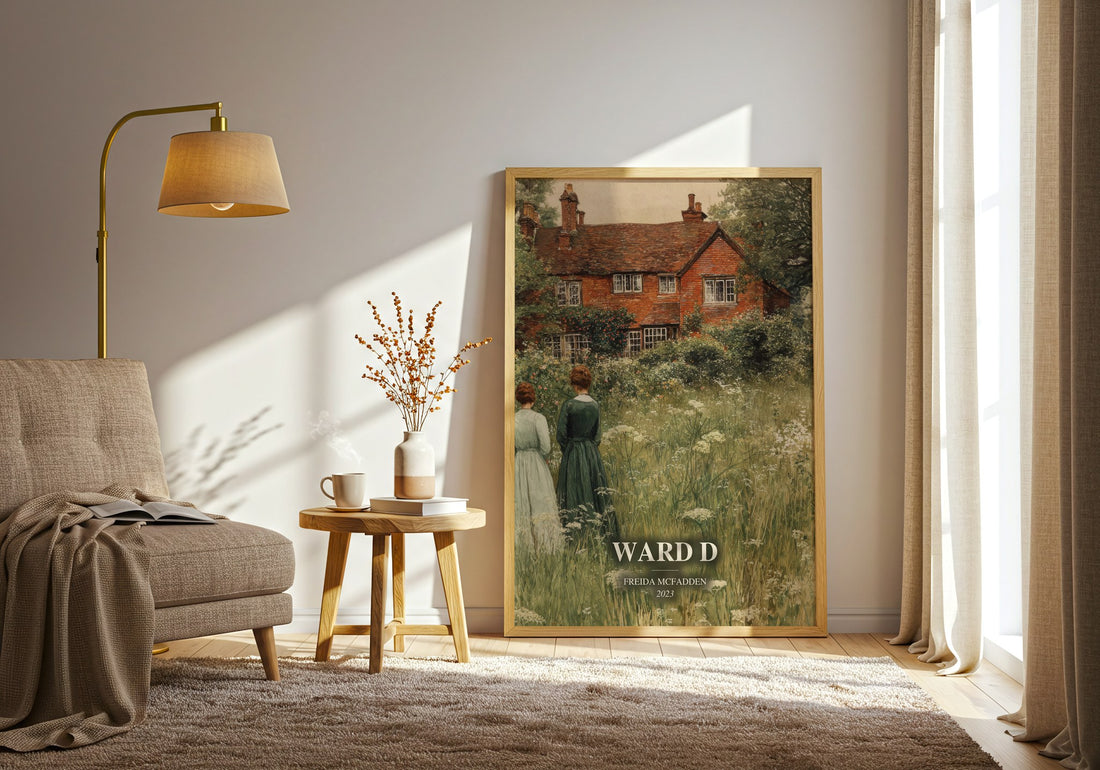 Ward D watercolour print in frame leaning in hallway – thriller wall art (mockup)