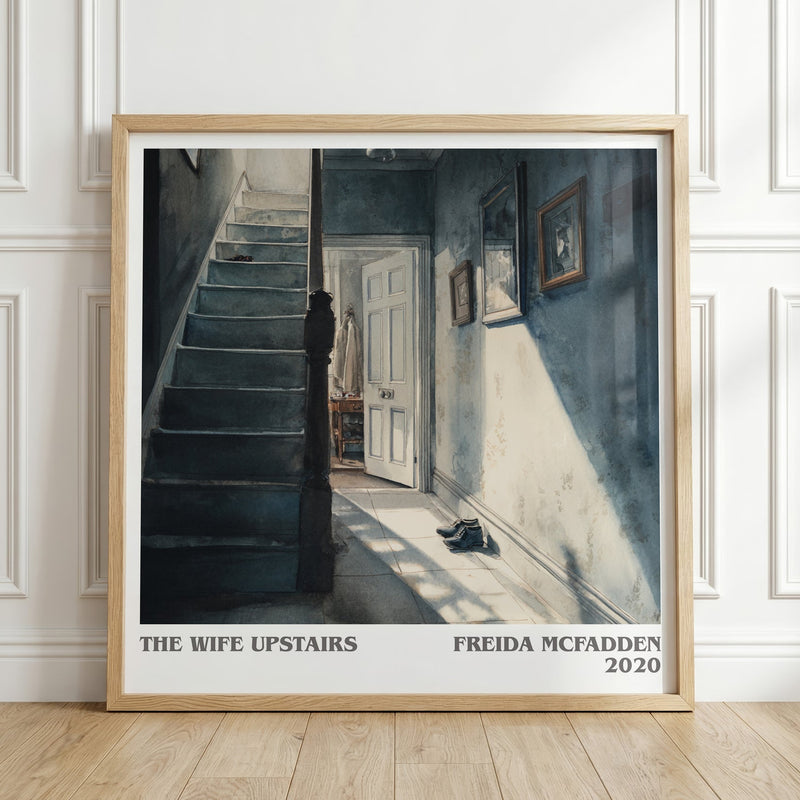The Wife Upstairs literary print in frame leaning in hallway – thriller wall art
