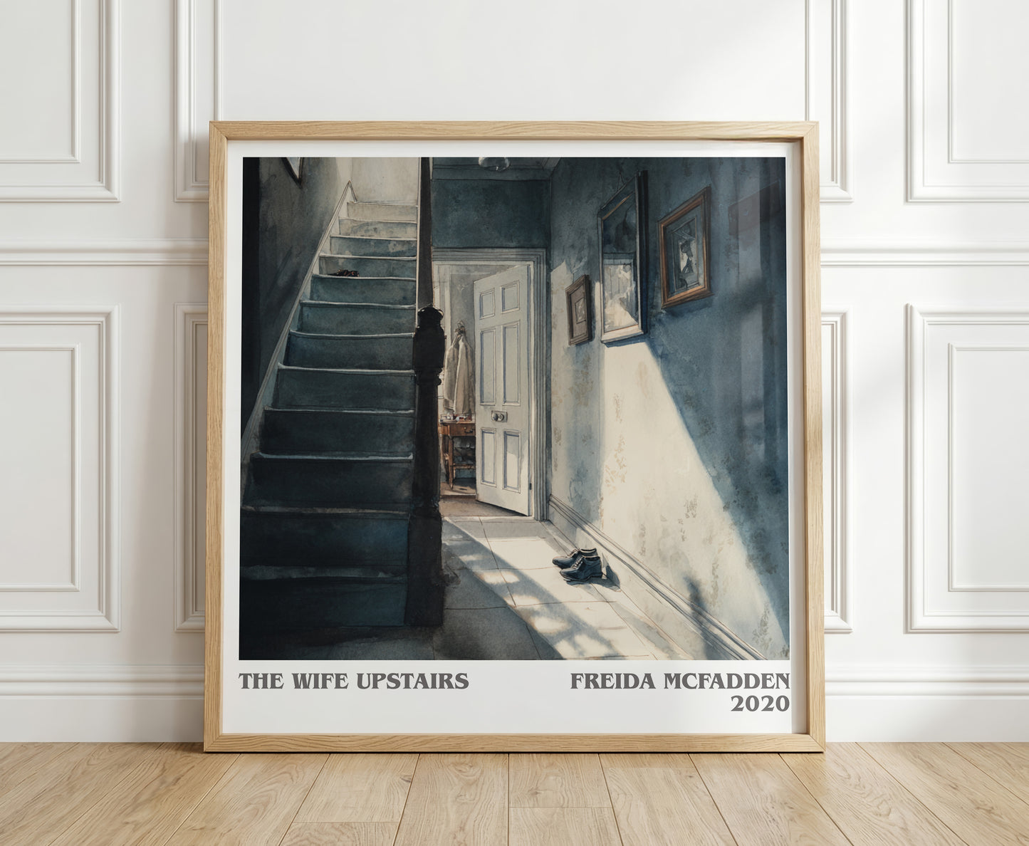 The Wife Upstairs literary print in frame leaning in hallway – thriller wall art