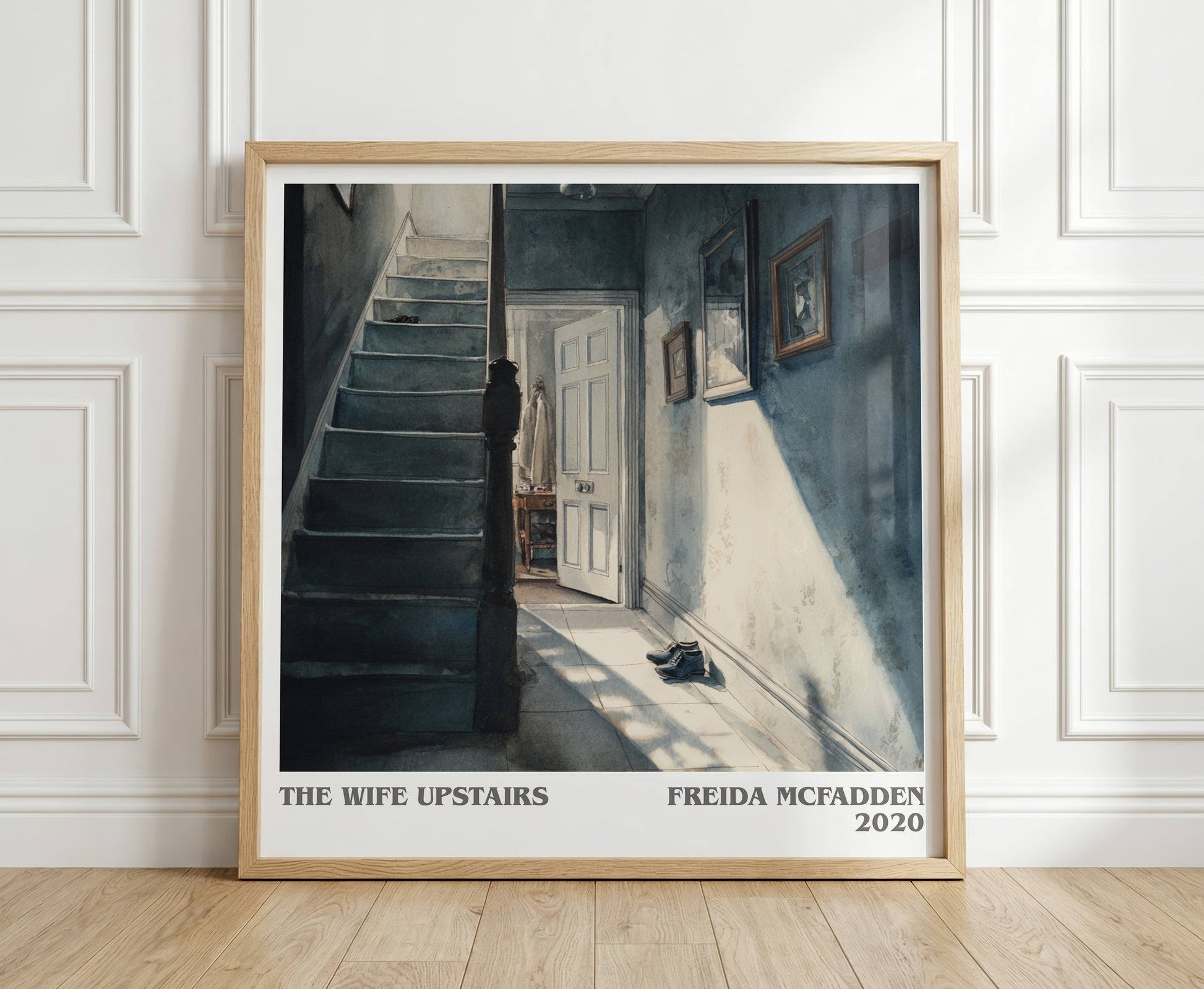 The Wife Upstairs literary print in frame leaning in hallway – thriller wall art