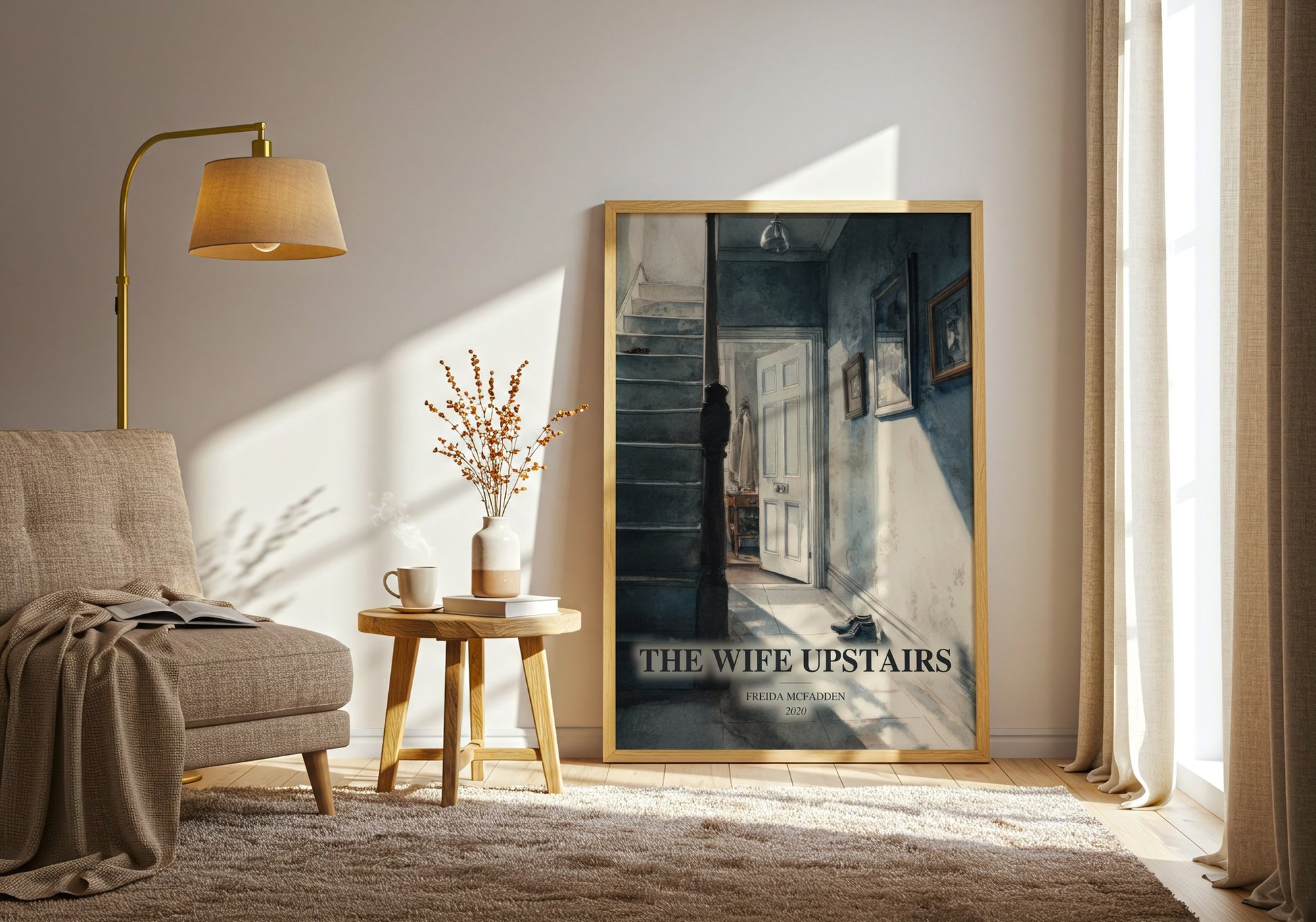 The Wife Upstairs watercolour print in frame leaning in hallway – thriller wall art
