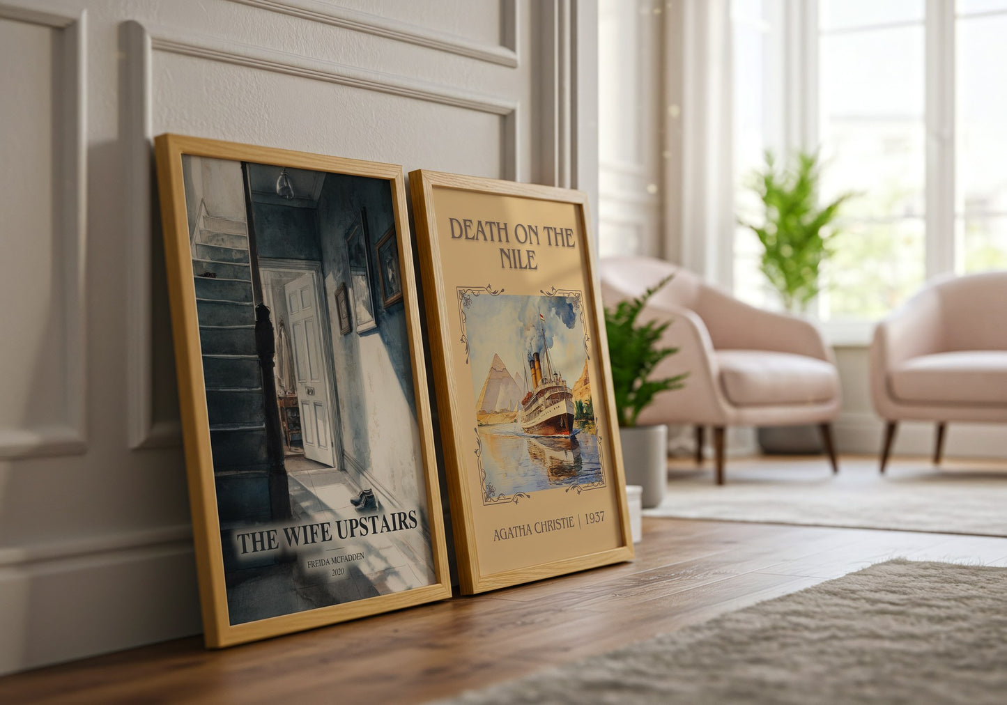 The Wife Upstairs watercolour print framed by window – literary home decor