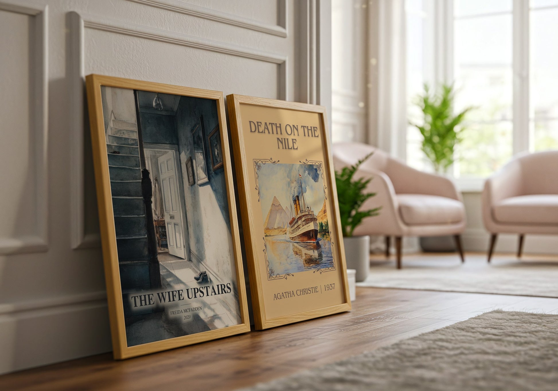 The Wife Upstairs watercolour print framed by window – literary home decor