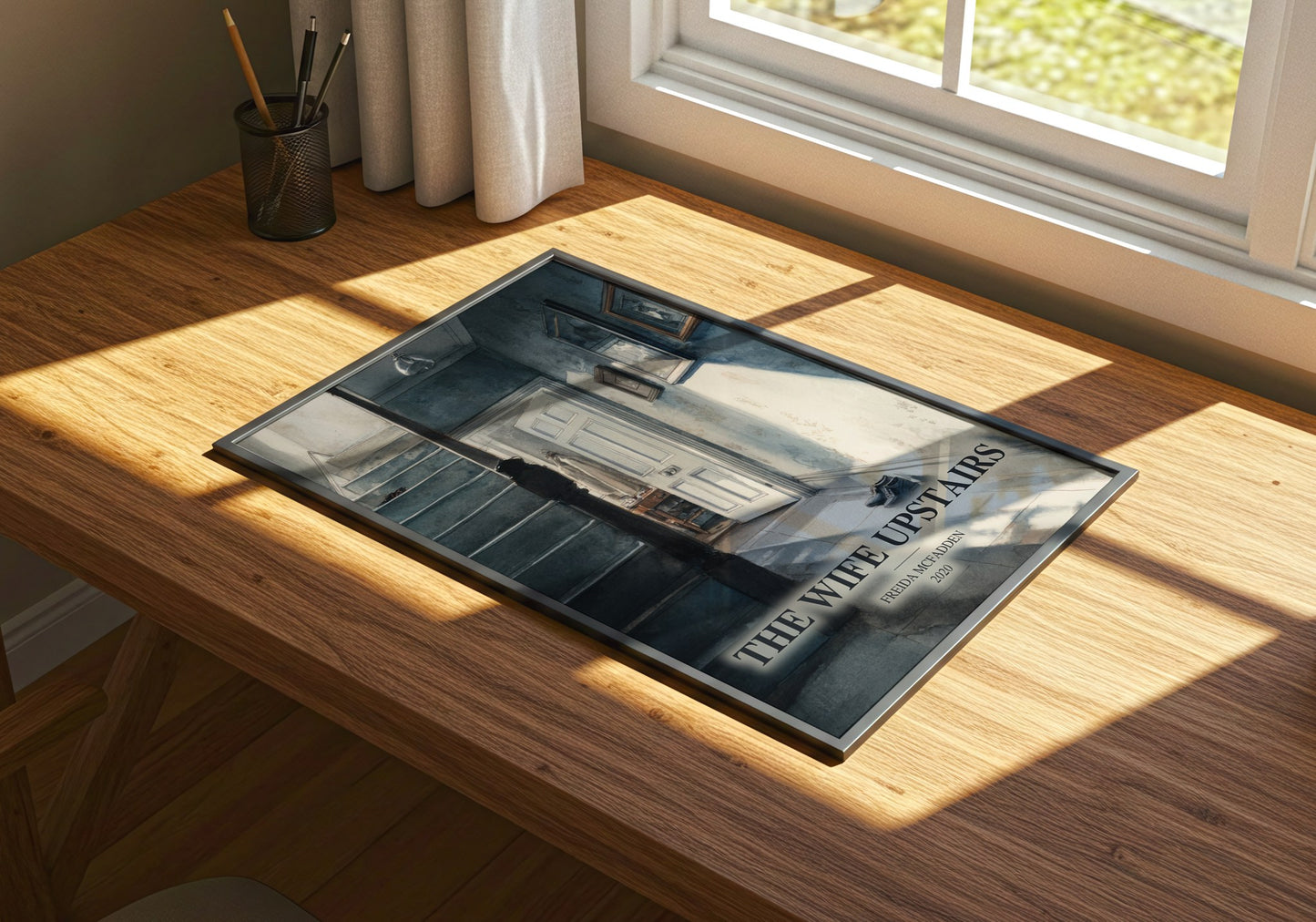 The Wife Upstairs watercolour book poster framed on wall – thriller wall art
