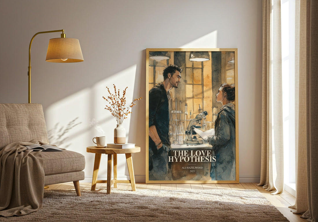The Love Hypothesis watercolour print in frame leaning in hallway – romance wall art (mockup)