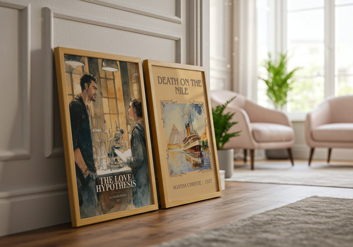 The Love Hypothesis watercolour print framed by window – literary home decor