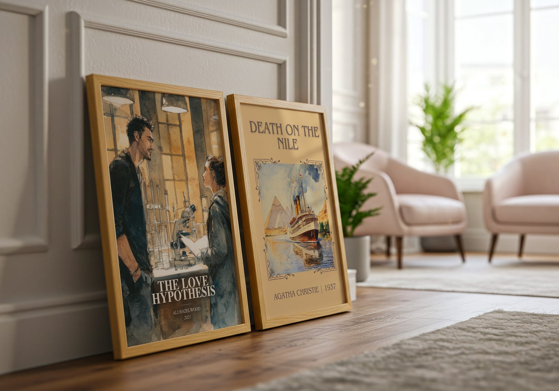 The Love Hypothesis watercolour print framed by window – literary home decor