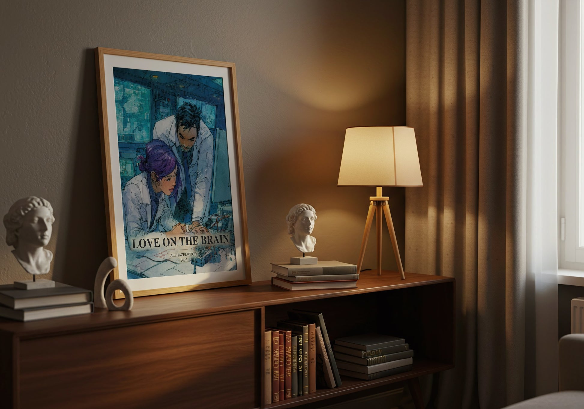 Love On The Brain watercolour print on bookshelf – Ali Hazelwood fan gift