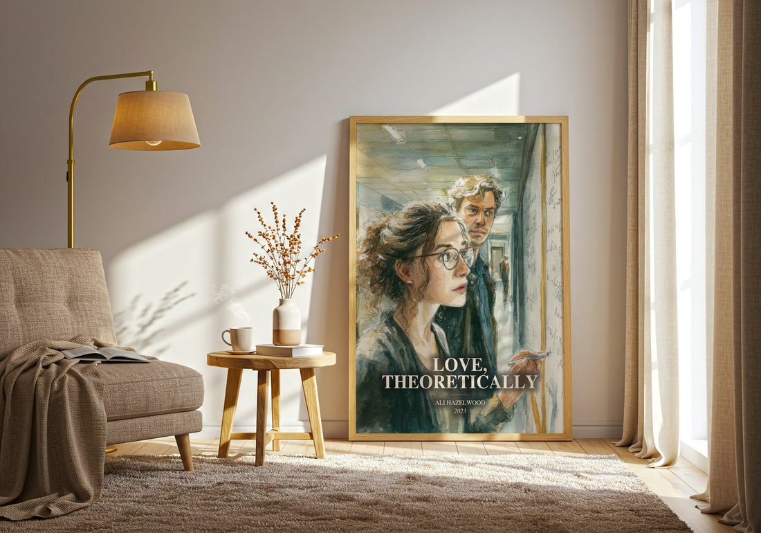 Love, Theoretically watercolour print in frame leaning in hallway – contemporary fiction wall art (mockup)