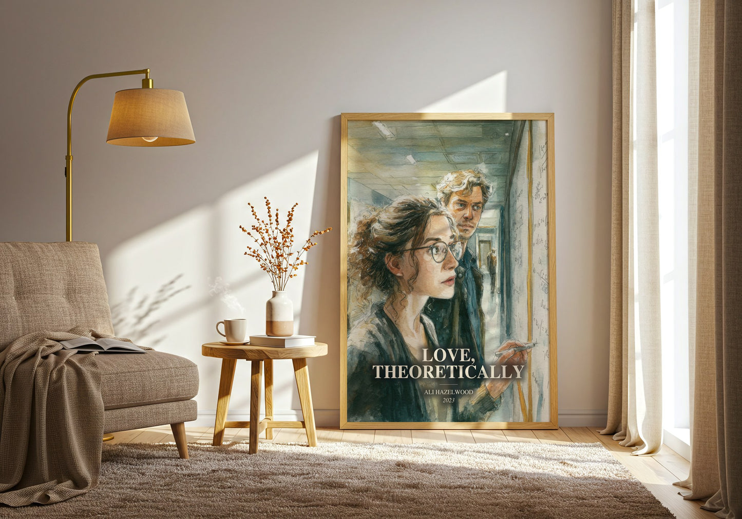 Love, Theoretically watercolour print in frame leaning in hallway – contemporary fiction wall art