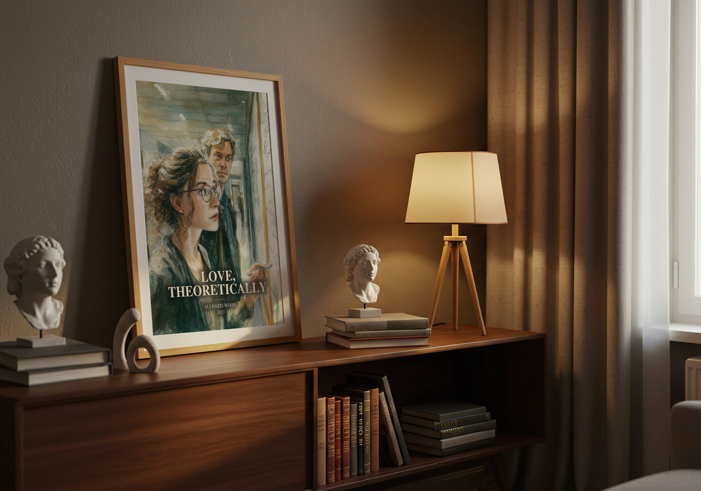 Love, Theoretically watercolour print on bookshelf – Ali Hazelwood fan gift