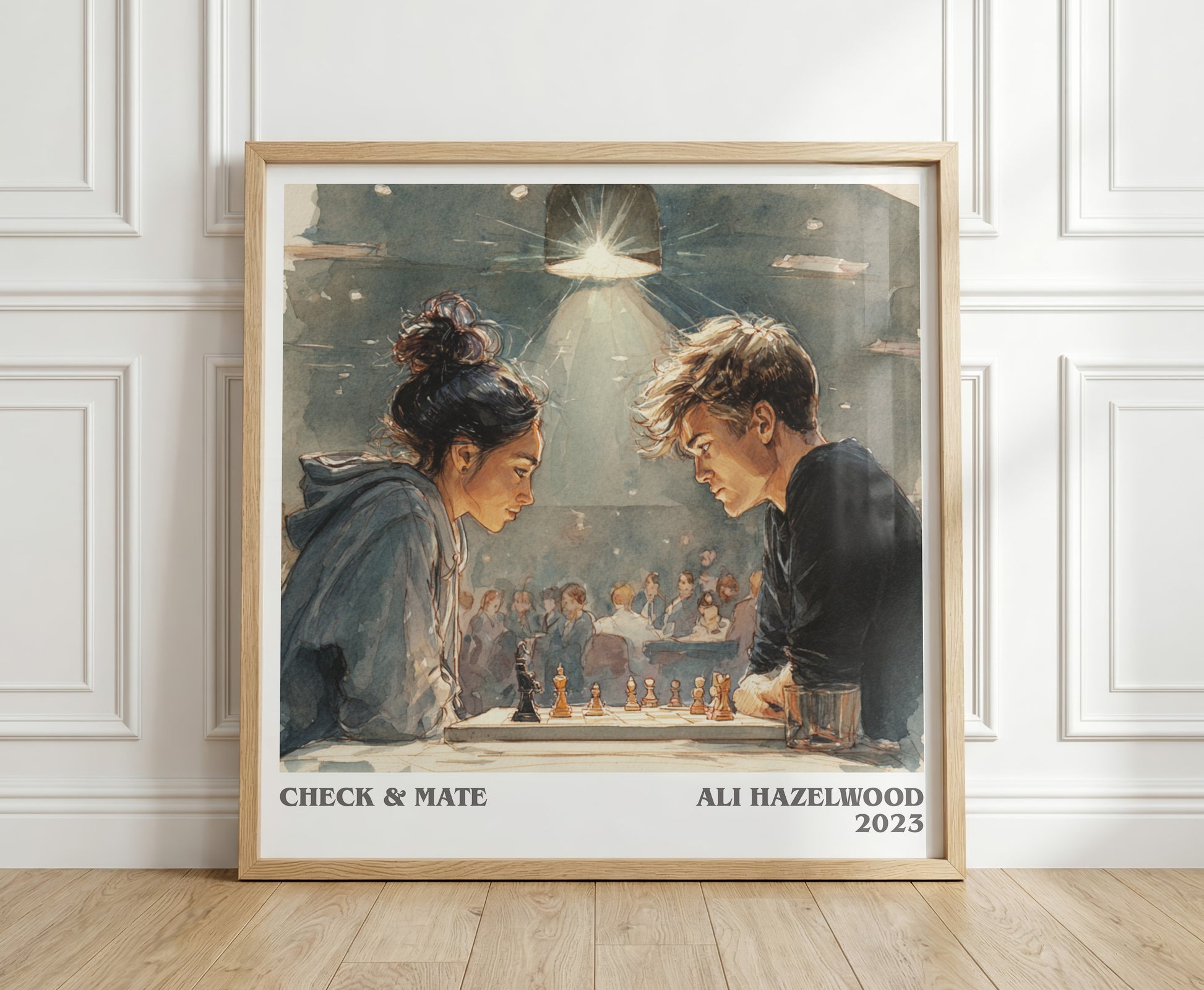 Check & Mate literary print in frame leaning in hallway – romance wall art